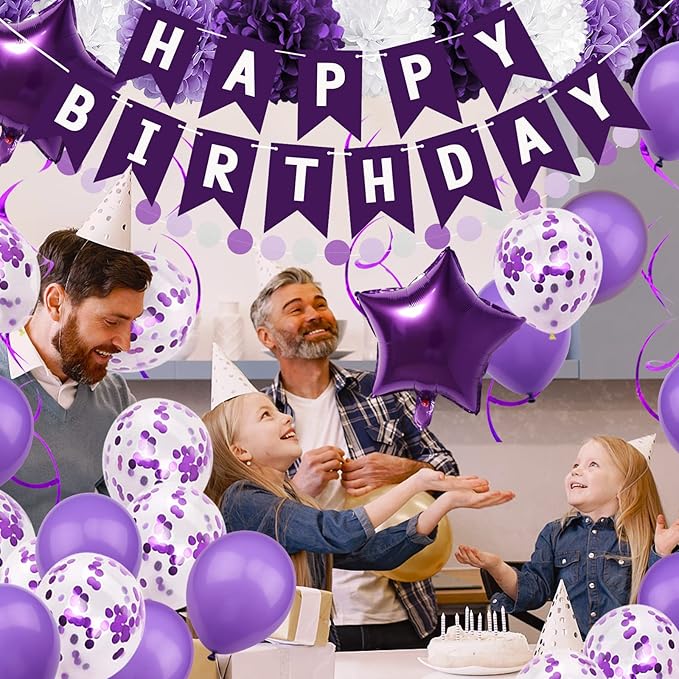 Purple Party Decorations with Banner - Women Girls Engagement, Anniversary & Birthday Supplies