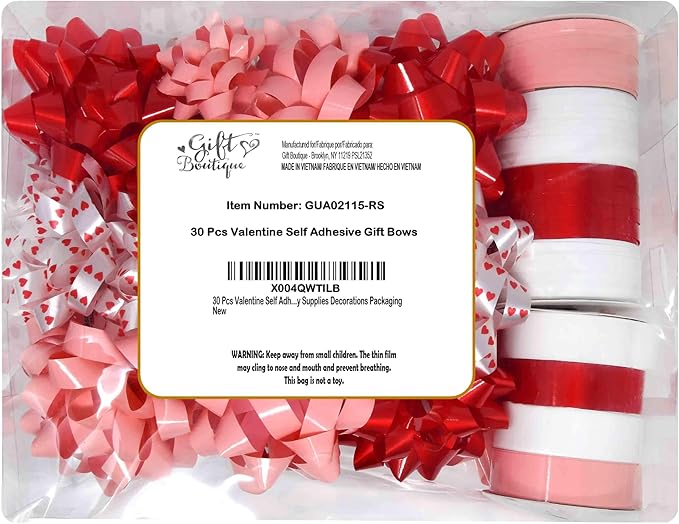 Valentine Gift Wrap Bows and Curling Ribbon Set, Red Pink and White Decorative Self Adhesive Bows with Heart Print Ribbon for Gift Wrapping, Packaging and Valentine’s Day