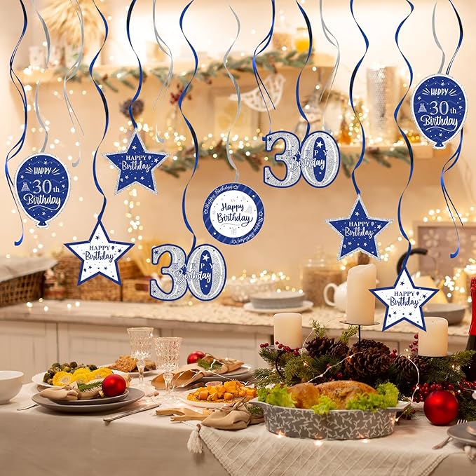 Happy 30th Birthday Blue & Silver Glitter Swirls Streamers Party Decorations - 15 Pcs 30th Birthday Hanging Swirls Streamers Kit,Cheers to Thirty Years Old Bday Party Sign.