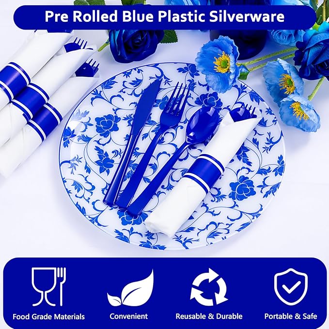400PCS Pre Rolled Blue Plastic Silverware Sets - Heavy Duty Blue Cutlery - Include 100 Pack Wrapped Disposable Utensils with Napkins for Parties & Dinners & Weddings & Graduation