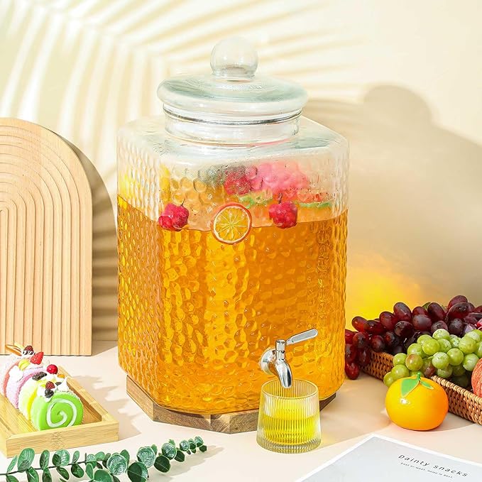 4 Pack 5 Gallon Glass Water Drink Dispenser for Party, Hammered Glass Beverage Dispenser, Jug Container with Stainless Steel Spigot for Parties, Weddings, Catering, Lemonade, Iced Tea