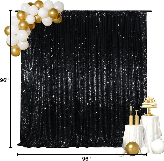 SquarePie 8x8ft Black Sequin Backdrop for Photography, Satin-Backed Real Sequin Curtain, Enhanced Coverage Shimmering Background with 4" Rod Pocket for Wedding, Birthday, Party Decor, 1 Panel