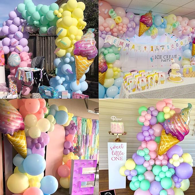Pastel Balloon Garland Arch Kit, 142pcs Pastel Balloons Macaron Rainbow Balloons Ice Cream Foil Party Balloons for Birthday Ice Cream Theme Party Decorations
