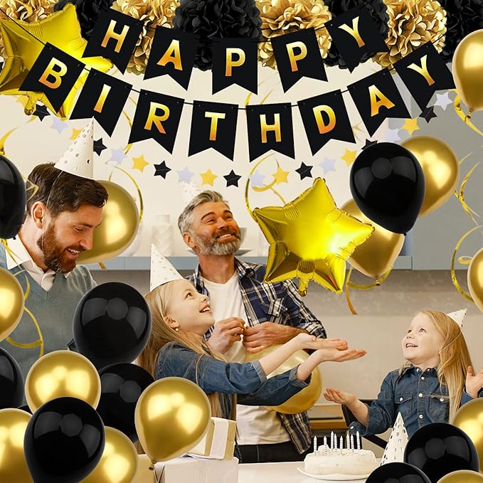 Birthday Decorations for Men, Black and Gold Party Decorations Happy Birthday Banner for Boys Men 40th 50th 60th 70th 80th 90th Party Supplies