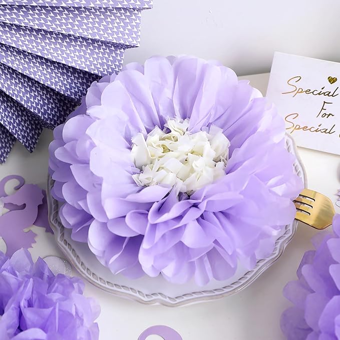 Fonder Mols Tissue Paper Chrysanth Flowers with Butterfly and Olive Leaves for Wedding Baby Shower Nursery Room Parties & Events Decorations Pom Poms (Purple White)