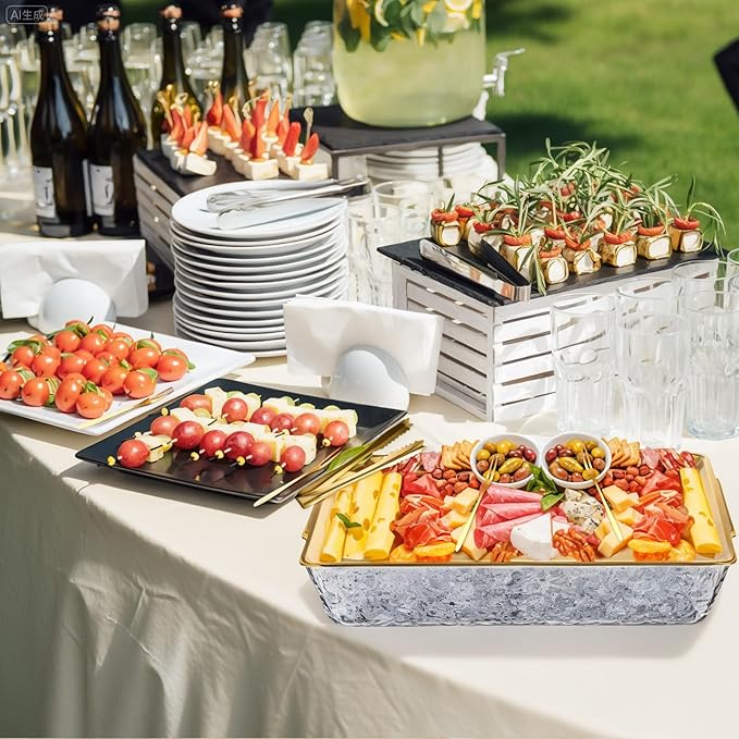 Baderke 1 Set 16" x 9" Chilled Serving Tray for Parties with Compartments and Lid Charcuterie Serving Board Ice Rectangle Chilled Party Platter for Seafood Vegetable Fruit Shrimp Cocktail (Gold)