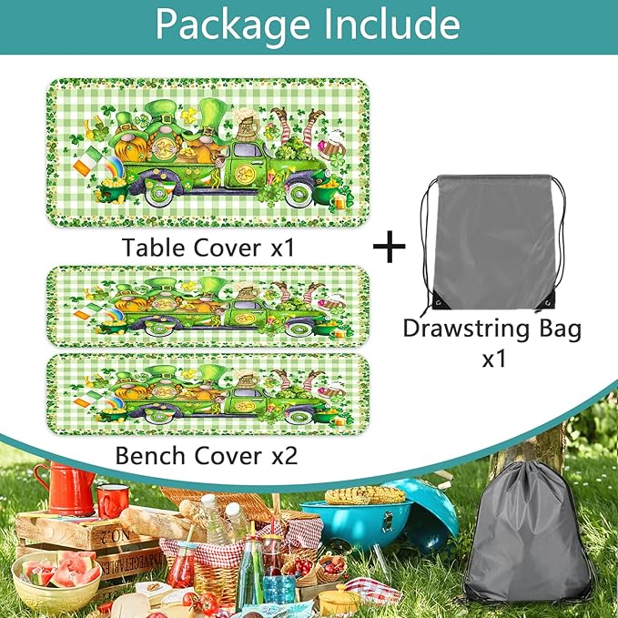 St. Patrick's Day Picnic Table Cover with Bench Covers, Camping Essentials, Plaid Truck Gnomes Clover Outdoor Table Covers, Waterproof, Fitted Tablecloth Cover with Elastic Edge, 3 PCS, 30x96 Inch