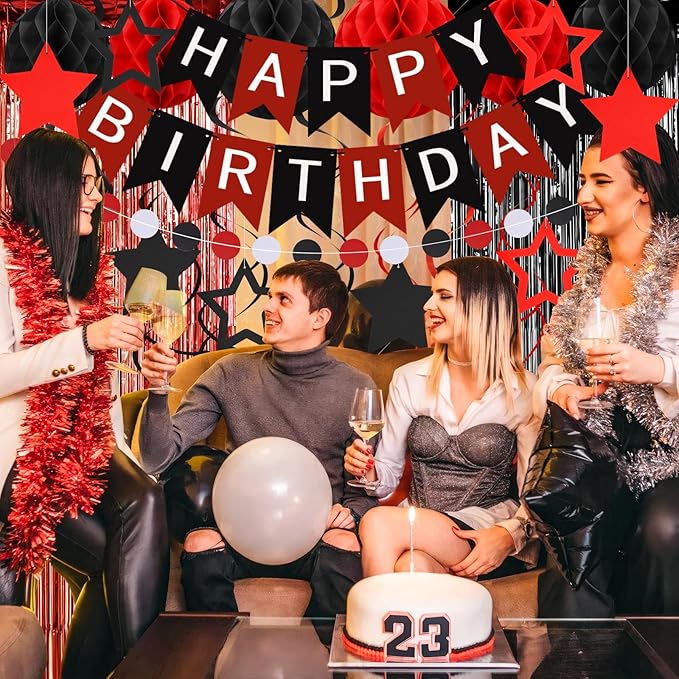 ZERODECO Birthday Decorations, Happy Birthday Banner with Paper Honeycomb, Star Hanging Swirl, Fringe Curtain, Garland, Party Decorations for Women Men Boys Girls (Black Red)