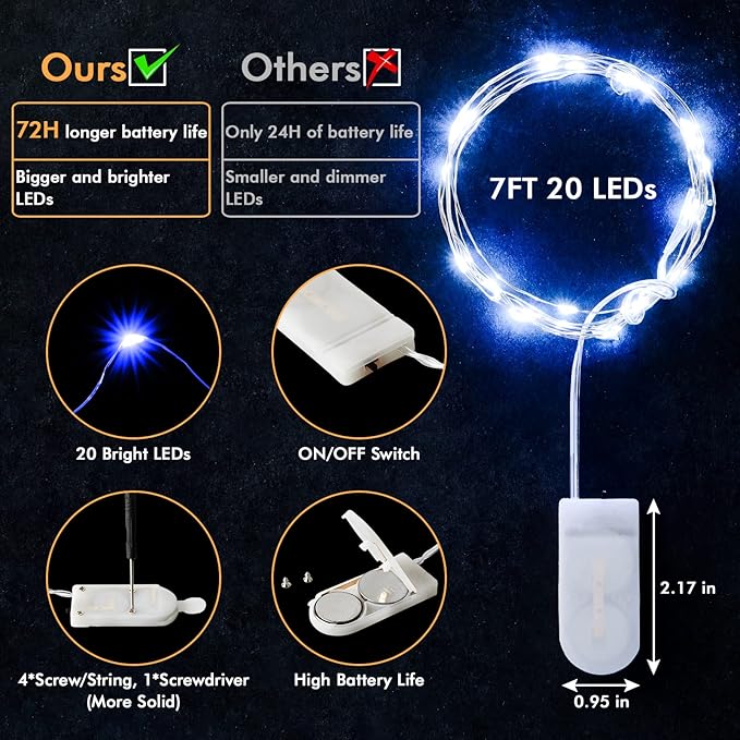 12 Pack Fairy Lights Battery Operated String Light,7FT 20LED Waterproof Silver Wire Christmas Lights Outdoor,Firefly Mini Light for Bedroom Party Birthday Wedding Indoor Decorations Home Decor