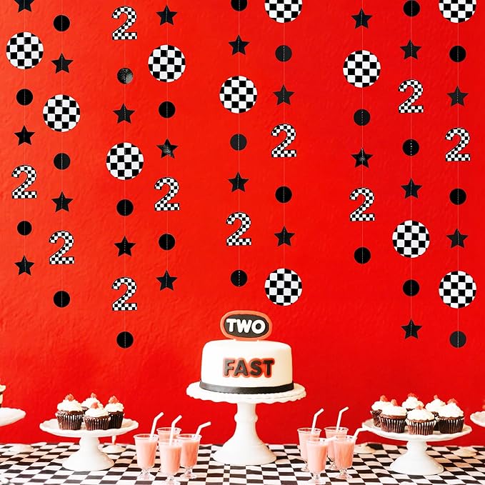 Two Fast Birthday Party Decorations Black & White Checkered 2nd Polka Dot Star Hanging Garland Banner for Checkered 2 Year Old Race Car 2 Fast 2 Curious Dirt Bike Birthday Decorations Supplies