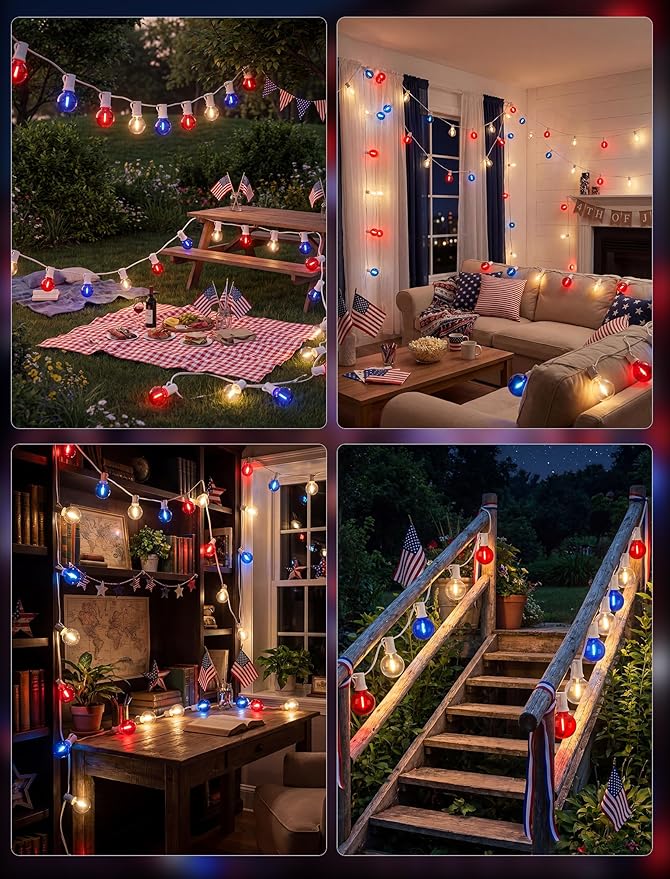 4th of July G40 LED Red White and Blue Lights, 25ft Outdoor String lights, Hanging Patio Lights with 27 Shatterproof Round Bulbs, Independence Day Decoration Warm White for Patriotic Party Garden