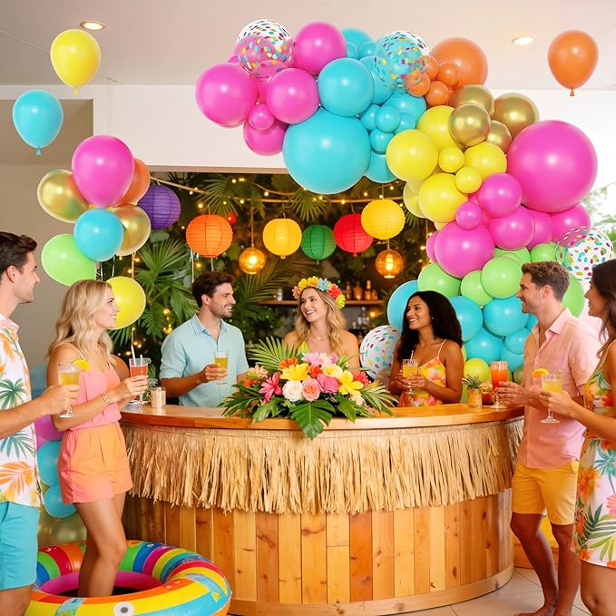 Amandir 153pcs Tropical Balloons Arch Garland Arch Kit, Different Sizes 18 12 10 5 inch Hot Pink Green Blue Latex Metallic Confetti Luau Balloons for Summer Beach Aloha Hawaiian Pool Party Decoration