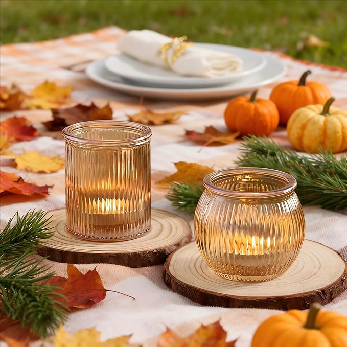 NITIME 12pcs Assorted Gold Votive Candle Holders for Wedding Decor, Ribbed Gold Tea Lights Candle Holder for Diwali, Glass Candle Holder for Fall Table Centerpiece, Party and Holiday Decorations