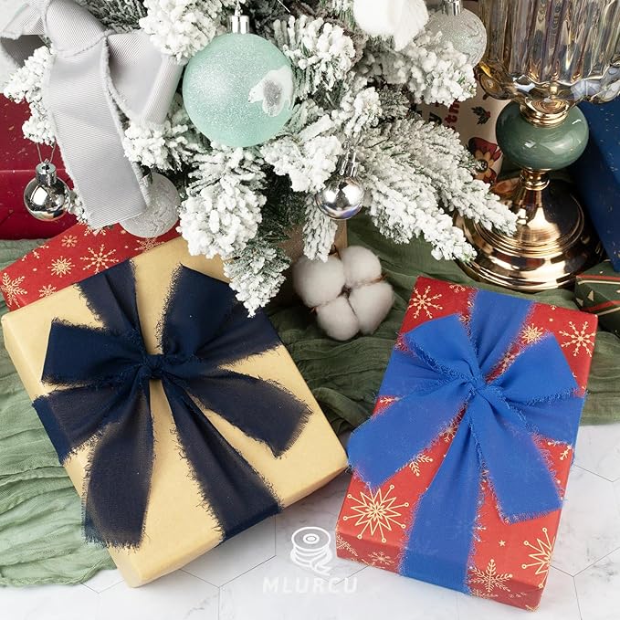 Handmade Fringe Chiffon Silk Ribbon - 1.5 Inch x 3Yd, Multi-Blue (Baby, French, Dusty, Dark, Royal, Navy) for Wedding Invitation, Flower Bouquets, Gift Wrapping, Baby Shower