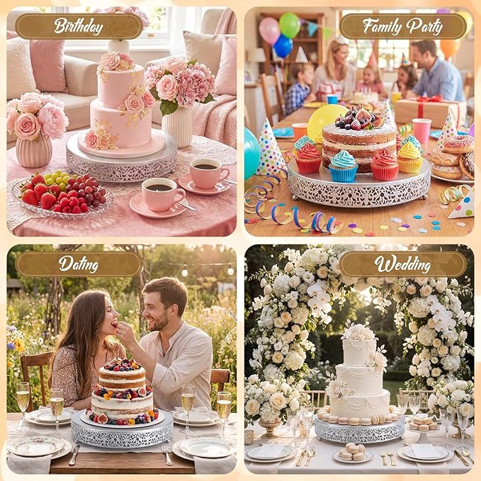 Wenqik 14 Inch Silver Cake Stand Set Metal Round Cupcake Dessert Stand with Cake Cutting, Spatula Wedding Cupcake Pastry Display Candy Holder Display for Wedding Party Birthday Baby Shower(Classic)