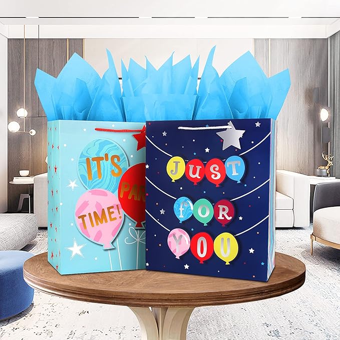 Gift Bags Large Gift Bag Set-Birthday Gift Bag for Boy Teen Kids Men Him-Blue Gift Bags with Tissue Paper-Paper Gift Bags with Handles-Big Gift Bags Birthday Gift Wrap Bag,Party Gift Bags Present Bagsļ¼2Pack,12.5Inchļ¼