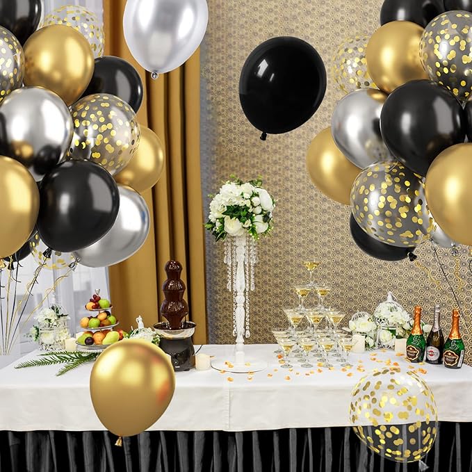 Paready Black and Gold Balloons, 60 Pcs 12 Inch Gold Confetti Balloon, Latex Party Balloons with Ribbons for Birthday Graduation Black Silver Party Wedding Engagement Anniversary Festival Decoration