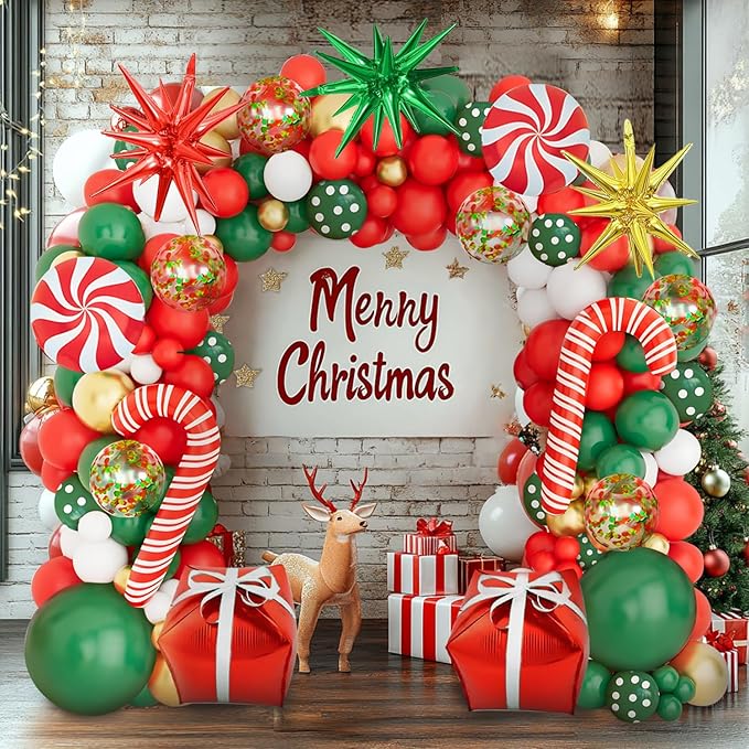 Christmas Balloons Garland Arch Kit, Red Green White Gold with Candy Cane Gift Box Explosion Star Foil Balloons for Christmas New Year Candies Xmas Theme Party Decorations...