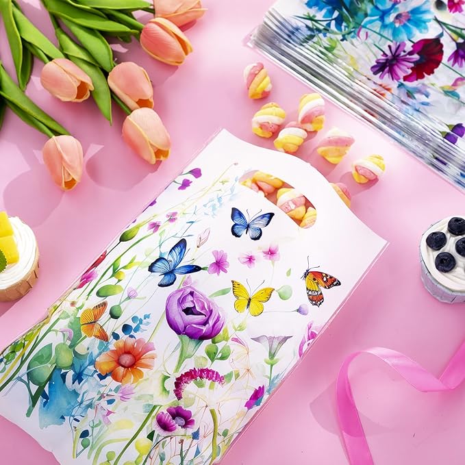 Epakh 100 Pcs Wildflower Butterfly Gift Bags Bulk Plastic Goody Bags with Handles Treat Candy Gift Packing for Baby Shower Spring Summer Floral Birthday Party Supplies(Colorful)