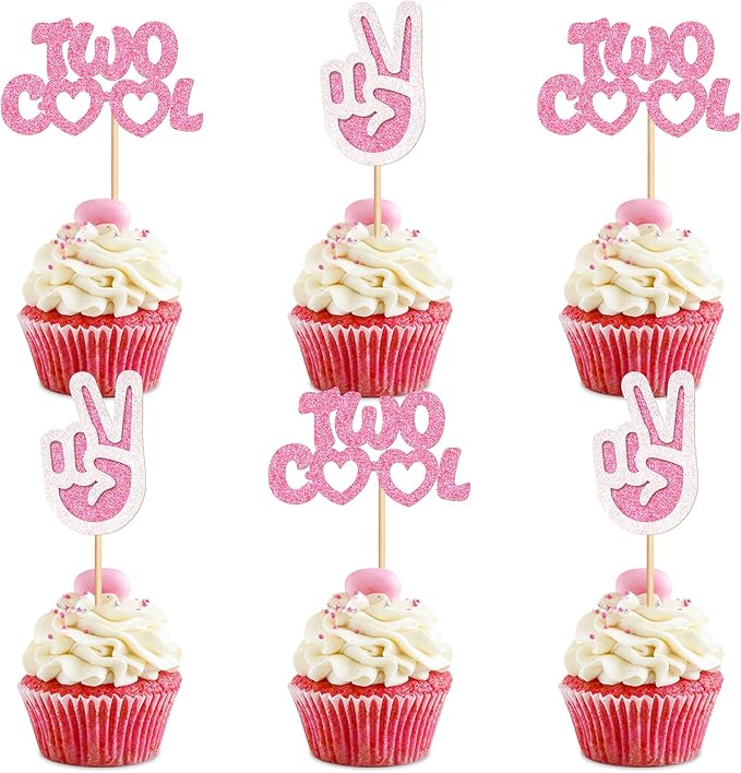 Ercadio 24 Pack Two Cool Cupcake Toppers Glitter Pink Two Cool Happy 2nd Birthday Cake Picks Baby Shower Kids Second Birthday Party Cake Decorations