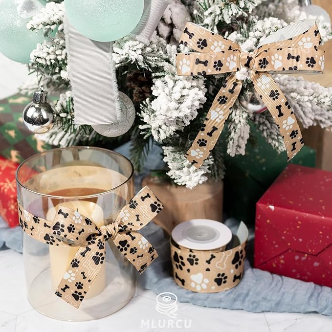 Dog Paw Print and Bone Ribbon Set 3 Rolls Animal Print Grosgrain Ribbons 5/8", 7/8", 1.5", Pet Themed Puppy Party Favor Ribbon for Dog Gift Wrapping, Crafts, Bows, Treat Bags, Pet Decorations