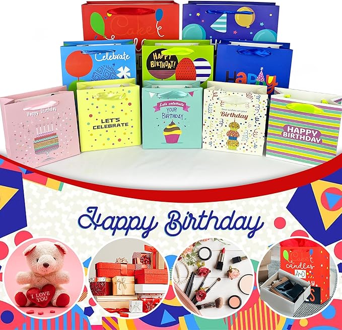 MUMULULU 10 Pack Birthday Gift Bag with Ribbon Handle and Tissue Paper Assorted Sizes and Designs 3 Size Birthday Gift Bag for Gift Wrapping Presents