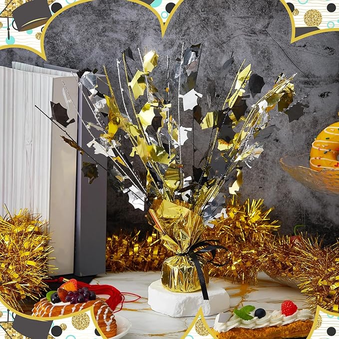 Juexica 12 Pcs 2026 Metallic Burst Table Centerpiece Mini Grad Caps Foil Spray Black Gold Silver Graduation Party Glitter Tableware Decorations for High School College Congrats Dinner Decor 14"