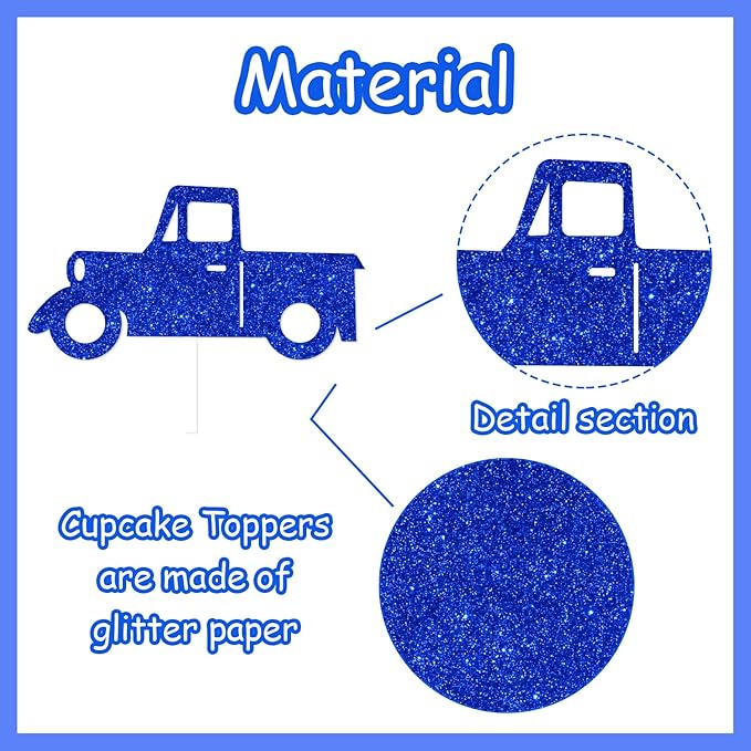 24Pcs Blue Truck 1st Birthday Cupcake Toppers Blue Truck Beep Beep Beep Cake Decorations for Boys and Girls Farm Themed 1st Birthday Party Decor Glitter Cake Decor Car Themed Party Supplies