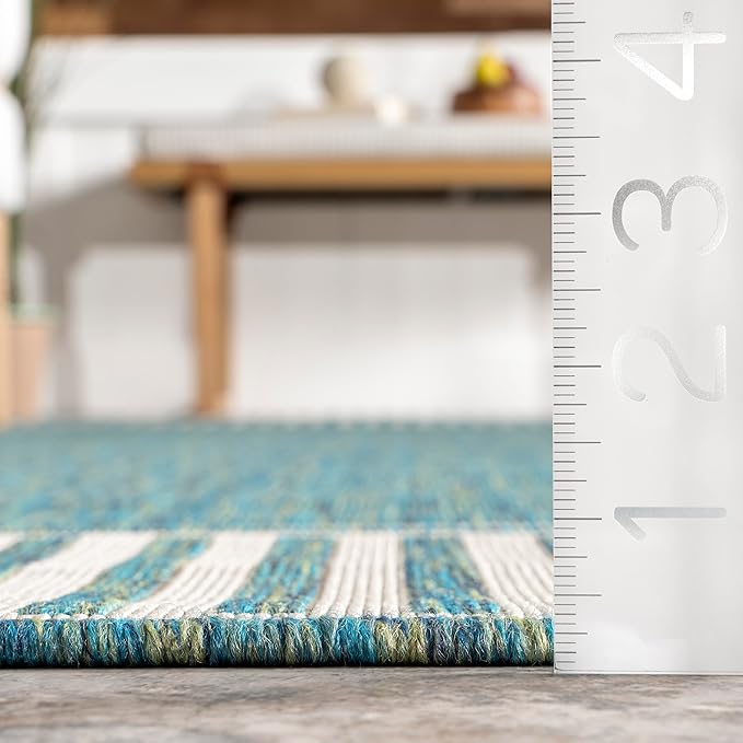 Nuloom Asha Teal/Ivory, 6'7" x 9', Casual, Striped Border, Soft and Cozy, High Traffic, Stain Resistant, Easy Clean, Durable Area Rug for Indoor/Outdoor Patio, Deck, Porch, Garden, Courtyard