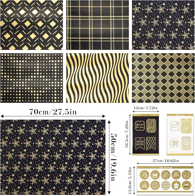 Larcenciel Christmas Gift Wrapping Paper Set, 6 Sheets Metallic Black Gold Foil Wrapping Paper w/Gift Tag & Sticker, Glitter Star Polka Dot Gift Wrap for Birthday Graduation Anniversary,27.5x19.6in