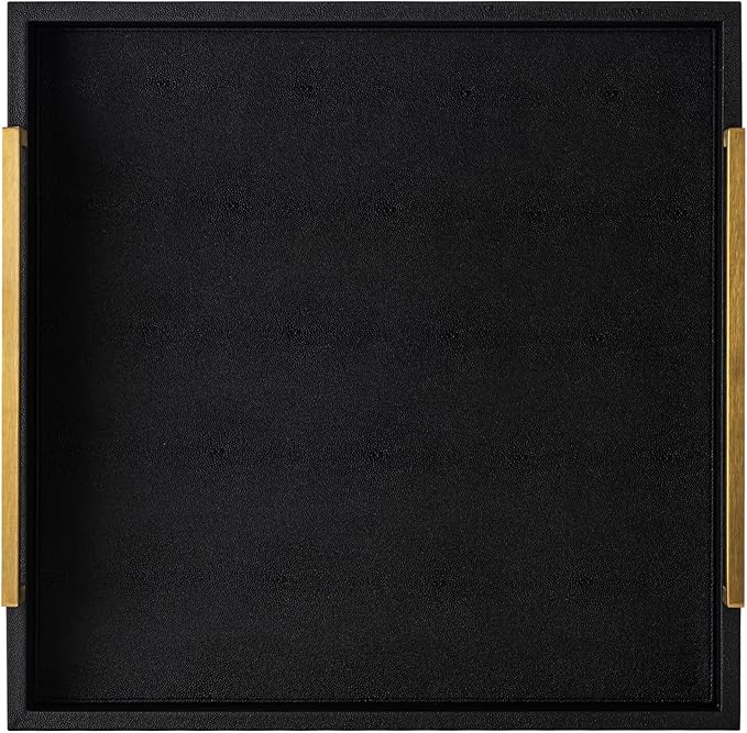 Extra Black Large Serving Tray with Handles for Ottoman,Versatile Shagreen Leather Square Ottoman Tray for Living Room