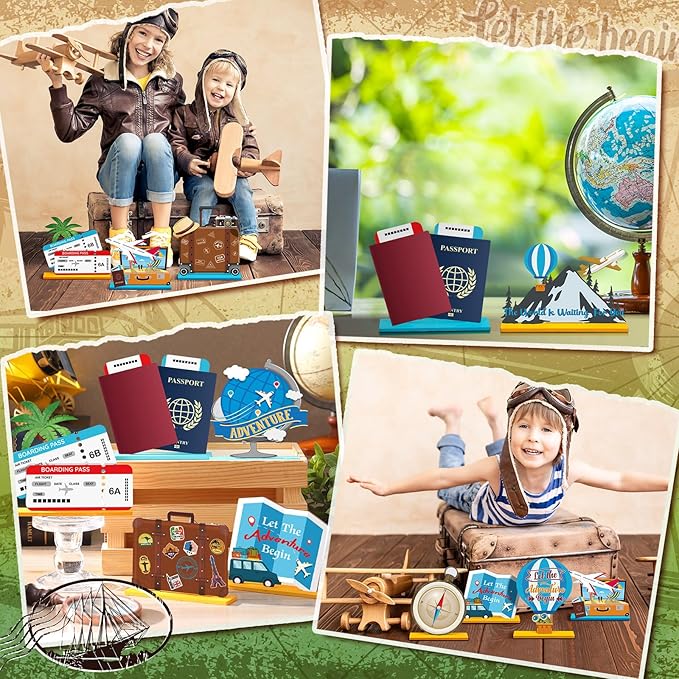 Marsui 12 Pcs Travel Themed Wooden Centerpieces Table Toppers Adventure Awaits Party Decor Travel Around The World Bon Voyage Table Decor Photo Props for Let The Adventure Begin Going Away Party