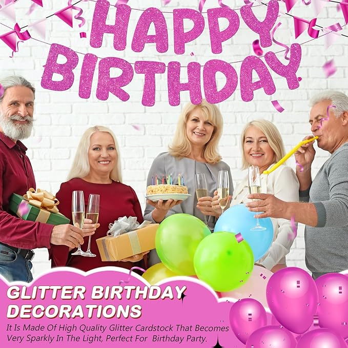 Fulmoon Glitter Pre Strung Happy Birthday Banner No DIY Party Decorations Happy Birthday Sign Decor for Men Women Boy Girls Backdrop(Hot Pink)