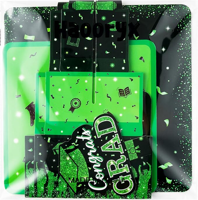 Haooryx Graduation Cupcake Stand Decoration - 3-Tier Black Green Graduate Cap Cupcake Tower with Tassel Cardboard Dessert Holder Kindergarten Primary High School College Graduation Party Table Decor