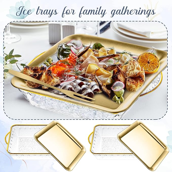 Baderke 6 Set 9" Chilled Serving Tray for Parties with Compartments Ice Chilled Party Platter Charcuterie Serving Board Cold Dish Dip with Fork Tong for Fruit Seafood Vegetable Appetizer (Gold)