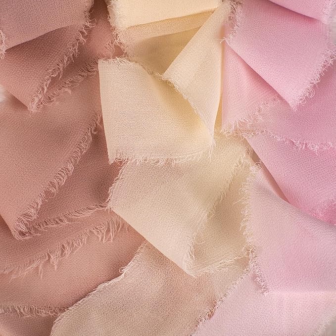 Chiffon Ribbon, Ivory White Pastel Pink Silk Ribbon, Engagement Wedding Shower Party Decorations, 1-1/2''x21Yd Handmade Frayed Fringe Ribbon for Wrapping, Floral Vase, Invitation Card, 3 Rolls