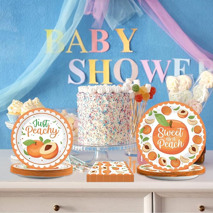 chiazllta 96 Pcs Peaches Party Decorations Peach Fruit Paper Plate and Napkins Fruit Theme Birthday Disposable Tableware Sweet as a Peach Party Supplies Party Favors for 24 Guests