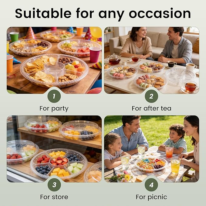 30 Pack Plastic Veggie Tray for Serving for Party, 10.4inch 6 Divided Compartment Disposable Party Platters for Vegetable Fruit Snack Nut, Fruit Trays with Lid for Buffet Catering