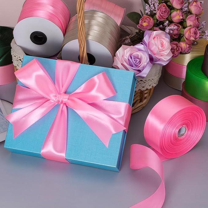 YASEO 1 1/2 Inch Flamingo Pink Solid Satin Ribbon, 50 Yards Craft Fabric Ribbon for Gift Wrapping Floral Bouquets Wedding Party Decoration