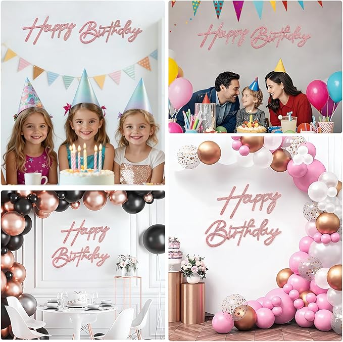 Rose Gold Happy Birthday Sign for Arch Backdrop - Glitter Happy Birthday Letters Felt Signs for Balloon Arch Party Backdrop Wall Decorations Remove Large Logo for Birthday Baby Shower