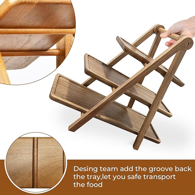 Acacia Wood 3 Tier Foldable Serving Tray – Rectangular Farmhouse Stand for Charcuterie Board, Cupcake, Dessert, Party Wedding Decor, Small Flower Pot Display, Easy Storage