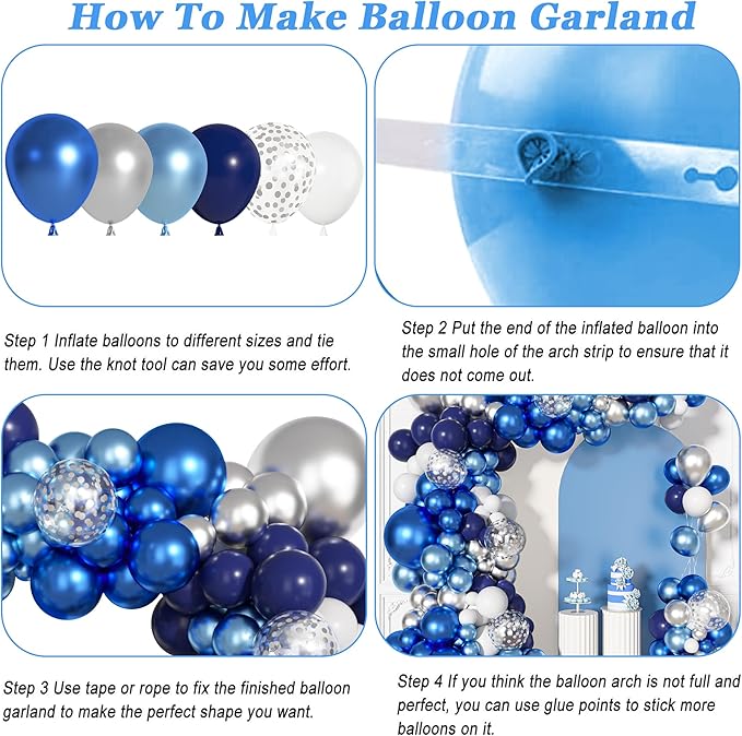 Ouddy Life 156Pcs Blue Silver Balloons Garland Arch Kit, Navy Royal Metallic Light Blue Silver White Confetti Balloon for Birthday Wedding Baby Shower Birdal Graduation Retirement Party Decorations