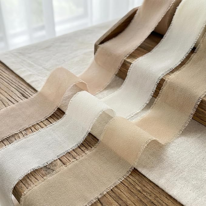 Frayed Edge Chiffon Ribbon Set, 3 Pack 1.5 Inch Wide Polyester Chiffon Ribbon, 21 Yards Total in Khaki, Beige and Champagne for Wedding Decor, Floral Bouquets and Gift Wrapping