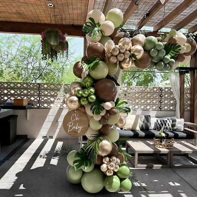 Sage Green Brown Balloons, 60Pcs 12Inch Metallic Sage Green Brown Beige Gold Balloons for Jungle Safari Woodland Hunting Theme Baby Shower Birthday Party Decorations