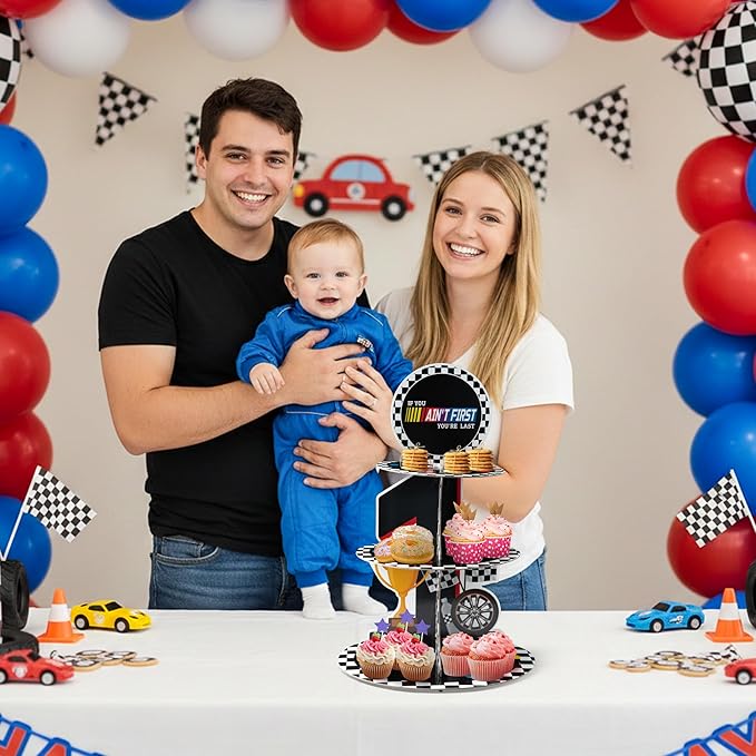 Race Car Cupcake Stand - 3 Tier If You Ain't First You're Last Party Dessert Holder for Boys Birthday Decorations Racing Car First Cardboard Cupcake Tower for Birthday Baby Shower Party Favor