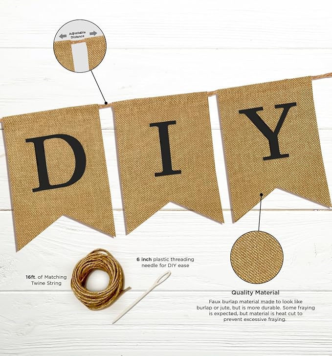 Pre-Printed Banner Kit – 97 BURLAP Flags with BLACK Letters, Numbers & Symbols, Reusable DIY Custom Banner, Make Your Own Personalized Party Banner, Faux Burlap, Includes Twine & 2 Needles