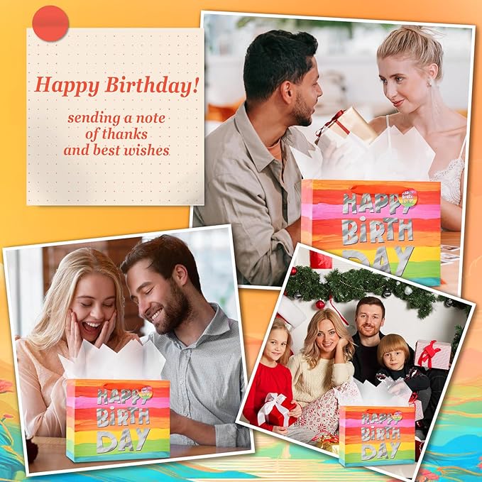 Powbrace 13" Colorful Happy Birthday Gift Bags with with Tissue Paper and Greeting Card for Party,Happy Birthday Gift Bag for Men Women,Gift Bags Medium size (1 PCS Colorful)