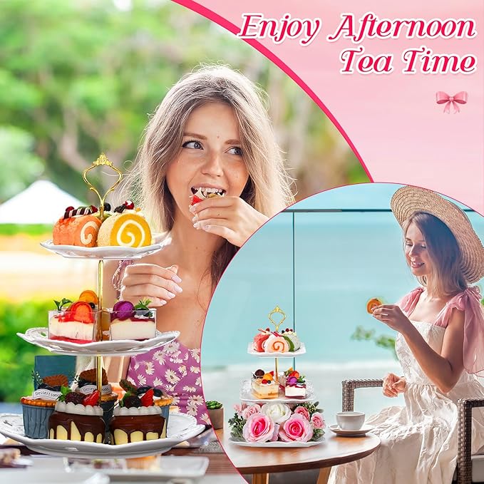 Ctosree 2 Pcs 3 Tier Porcelain Cupcake Stand Round and Square White Ceramic Cake Stand 3 Tier Serving Tray Tiered Dessert Display Embossed Tea Elegant Stands Wedding