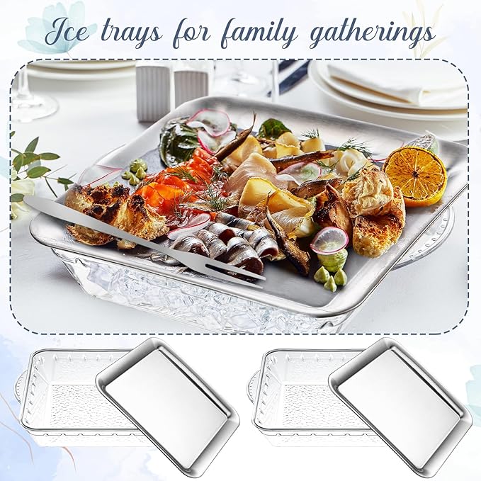 Baderke 2 Set 9" Chilled Serving Tray for Parties with Compartments Ice Chilled Party Platter Charcuterie Serving Board Cold Dish Dip with Forks Tongs for Fruit Seafood Vegetable Appetizer(Silver)