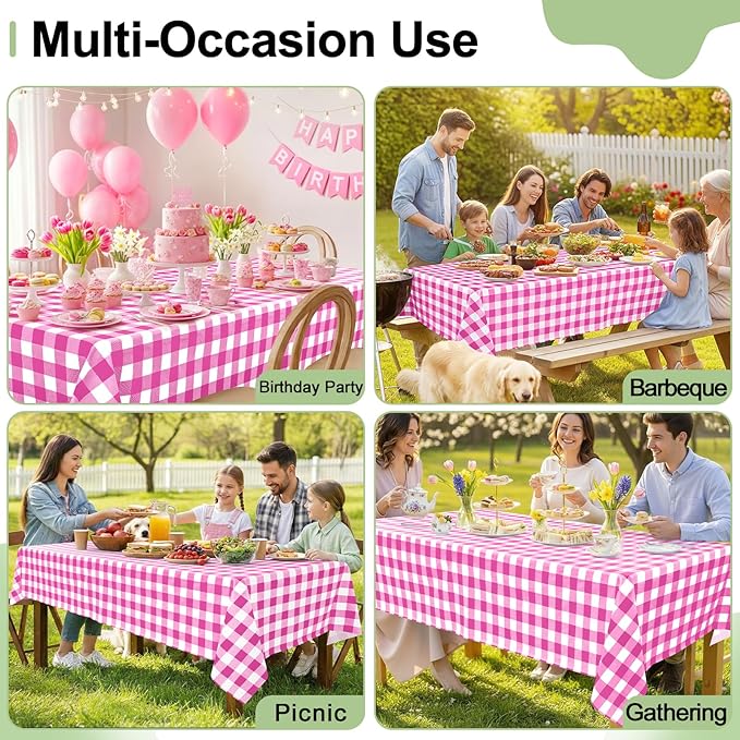 misaya 3 Packs Buffalo Disposable Table Cloth, 54 x 108 Inch Waterproof Plastic Tablecloth, Rectangle Hot Pink and White Checkered Table Covers for Picnic, Birthday, Party